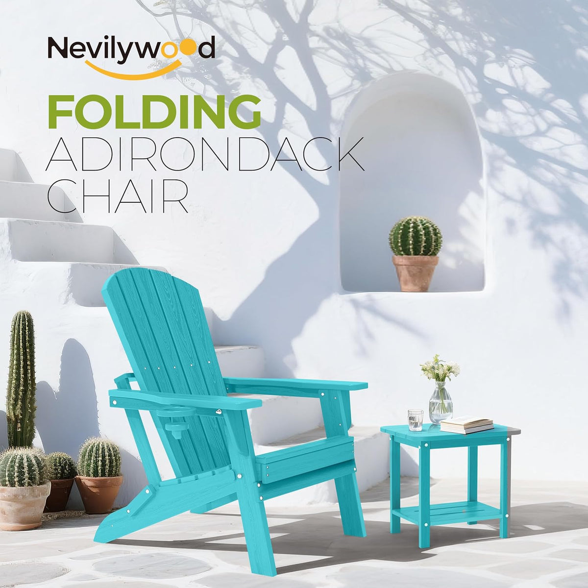 Folding Adirondack Chair - Extended Ergonomic Backrest, Cup Holder - Easy Assembly - Durable HDPE Plastic, Weather Resistant & Maintenance-Free - Lawn, Patio, Deck Supports 400lbs Aruba