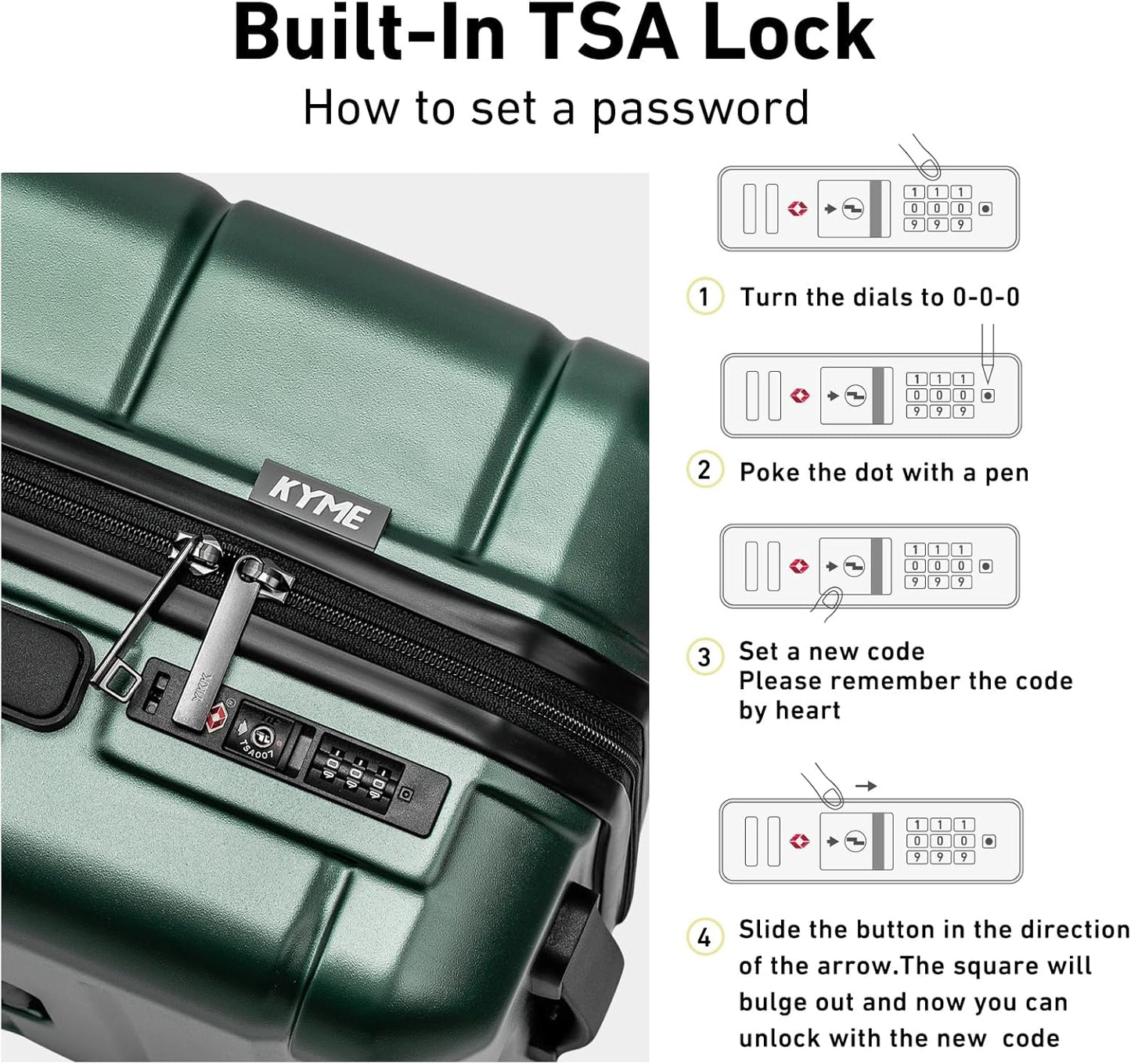 KYME Luggage Sets 3 Piece Hardshell 22in/26in/30in Suitcases with Spinner Wheels Hardside Suitcase Sets with TSA Lock Travel Rolling Luggage Set for Women Men Green