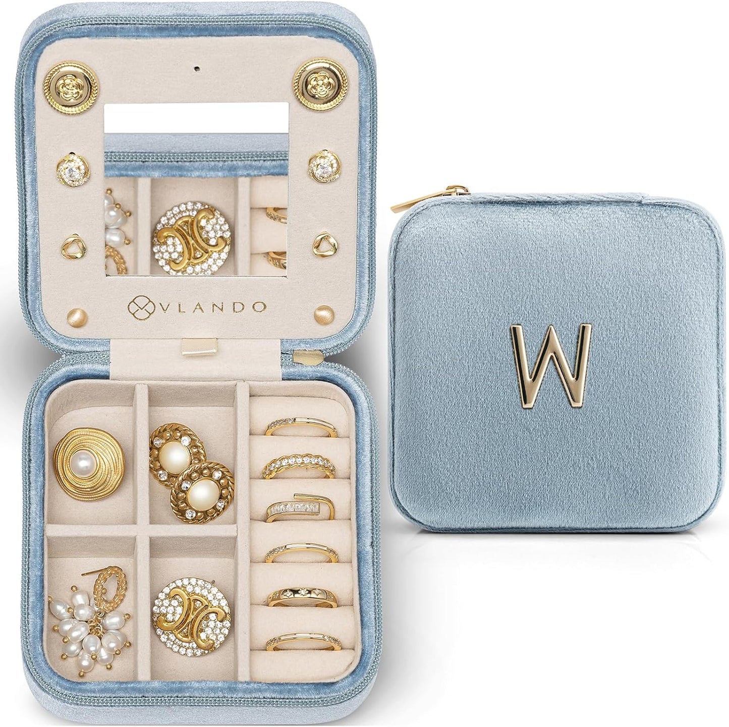 Vlando Travel Jewelry Box for Girls Women, W Initial Jewelry Box for Girls Small Jewelry Box Travel Jewelry Case Jewelry Box Travel Gifts for Girls Women - Letter W, Navy Blue