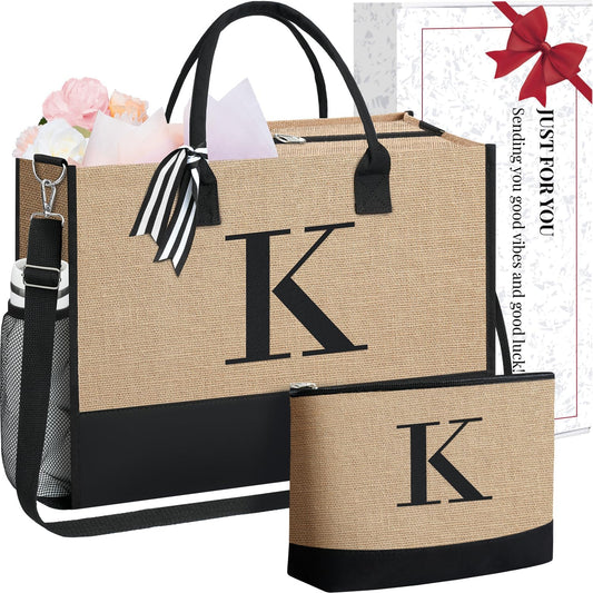 BAGAIL Initial Tote Bag, Personalized Birthday Gifts for Women, Teacher, Friends, Mom, Wedding, Monogrammed Beach Bag