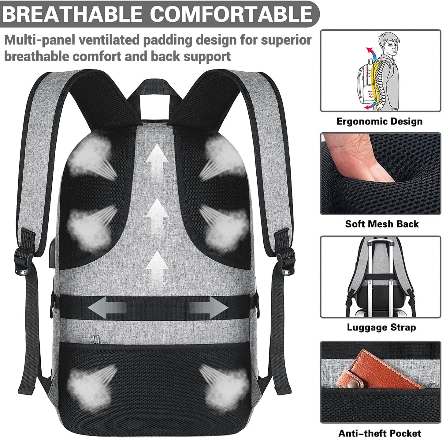 AMBOR Travel Laptop Backpack, 15.6-17.3 inch Anti Theft Business Laptop Backpack with USB Charging Port and Headphone Interface, Backpack for Men & Women, Grey