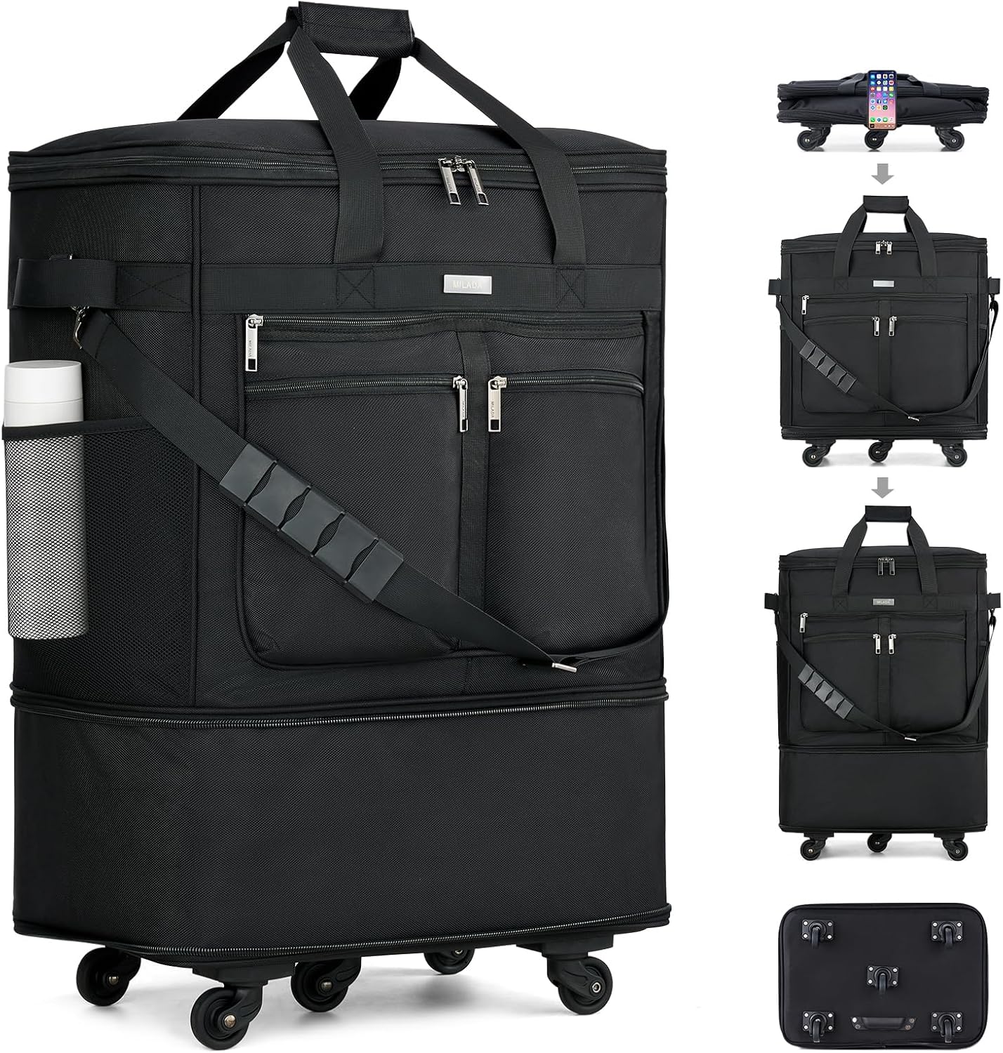MILADA Expandable Luggage Bags for Travel Foldable Suitcase with Wheels Collapsible Rolling Travel Duffle Bag Lightweight Large Suitcases without Telescoping Handle, Black
