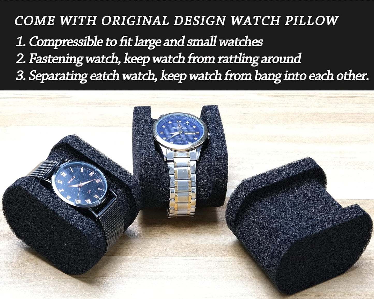 Hard single watch travel case, men's sports watch organizer box with flexible watch pillow (Black, 1 slot red lining)