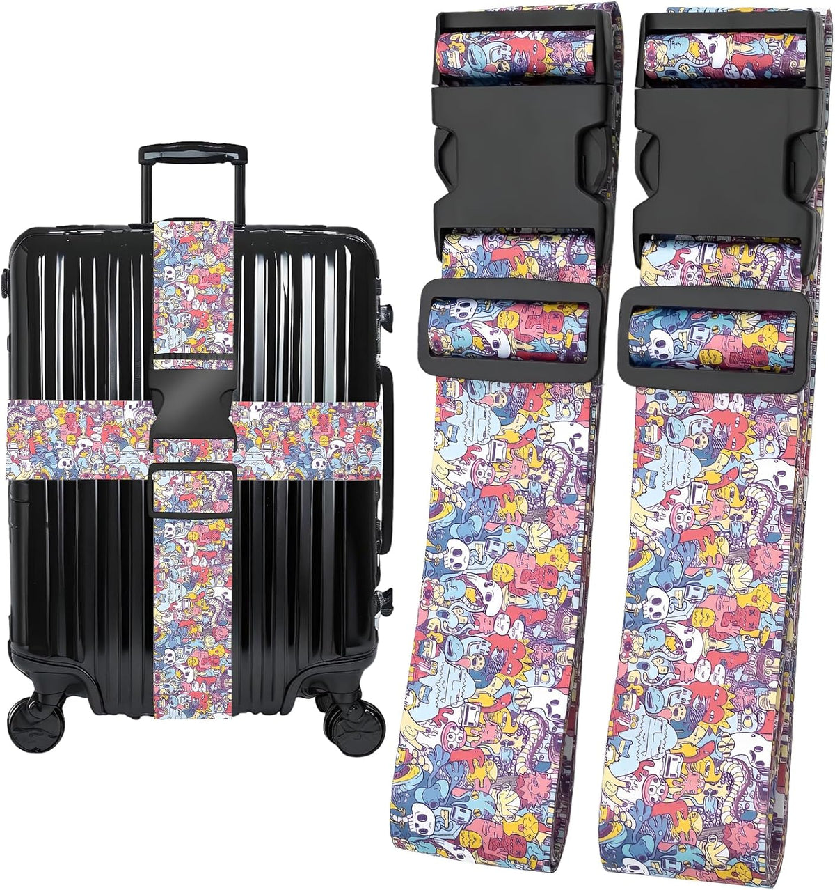 Monsters Luggage Straps for Suitcases, Adjustable Luggage Travel Belt to Keep Luggage Security While Travel, Strong Polyester Fabric, Easy-to-Recognize Funny Pattern Travel Essentials, 2 Pack