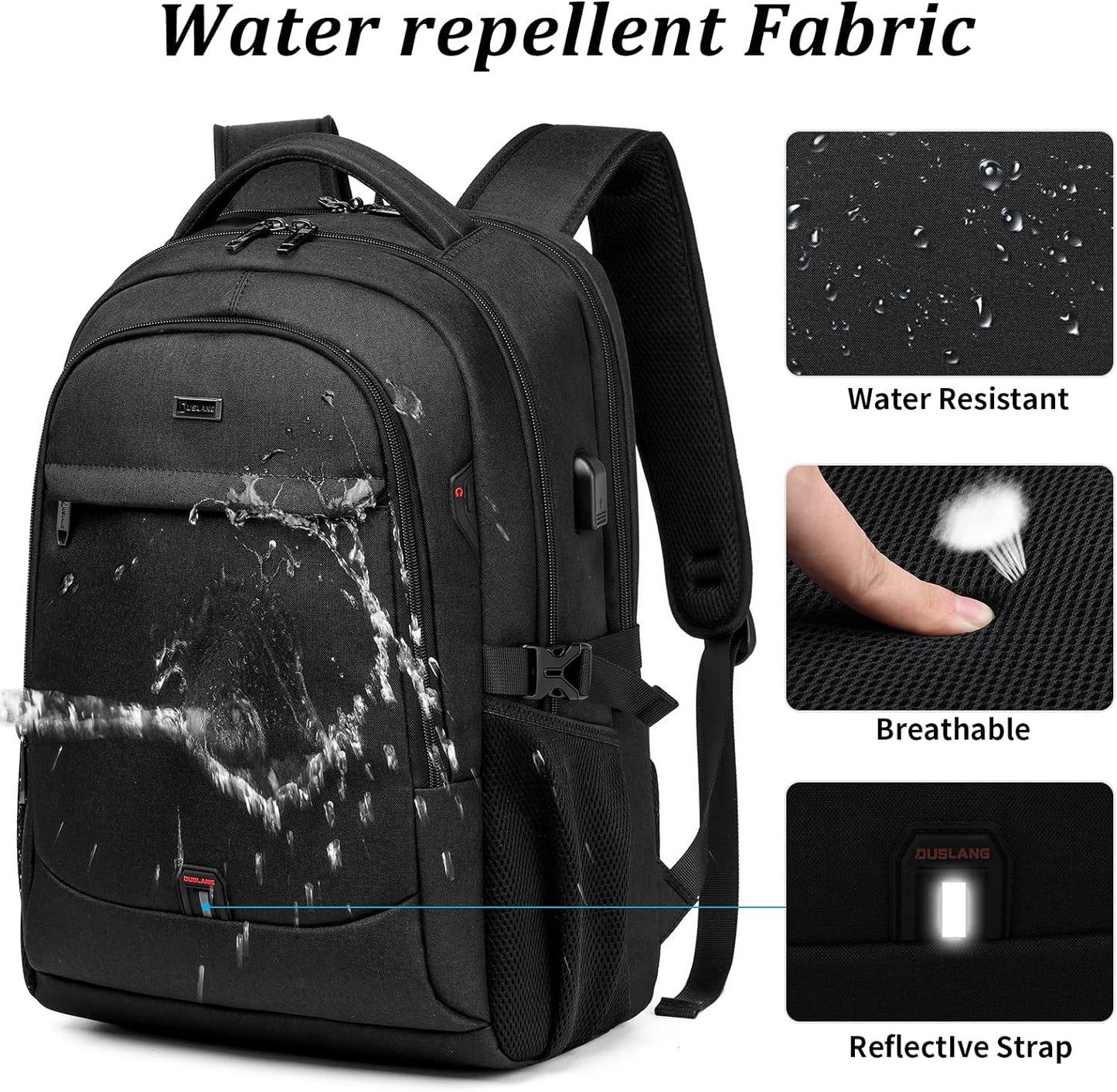 DUSLANG 17 Inch Laptop Backpack for Travel with Backpack Rain Cover College Backpack for Men Laptop Bag with USB Charging Port,Black