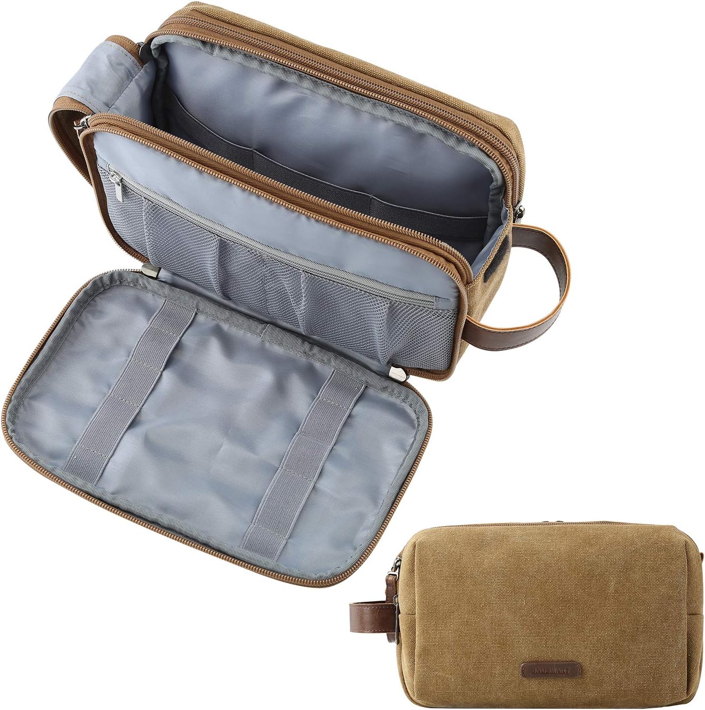 BAGSMART Toiletry Bag for Men, Canvas Travel Toiletry Organizer Dopp Kit Water-resistant Shaving Bag for Toiletries Accessories,Khaki-Medium