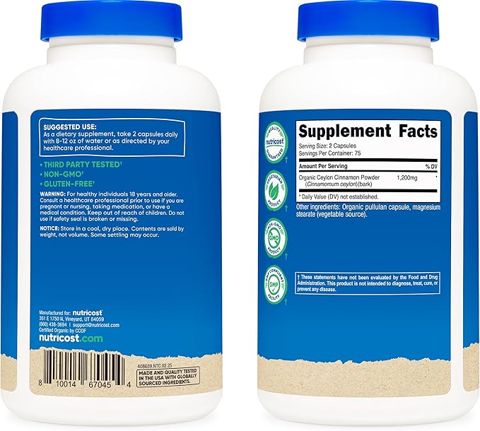 Nutricost Organic Cinnamon (Ceylon Cinnamon) 1,200mg Serving, 150 Capsules - Gluten Free, Non-GMO