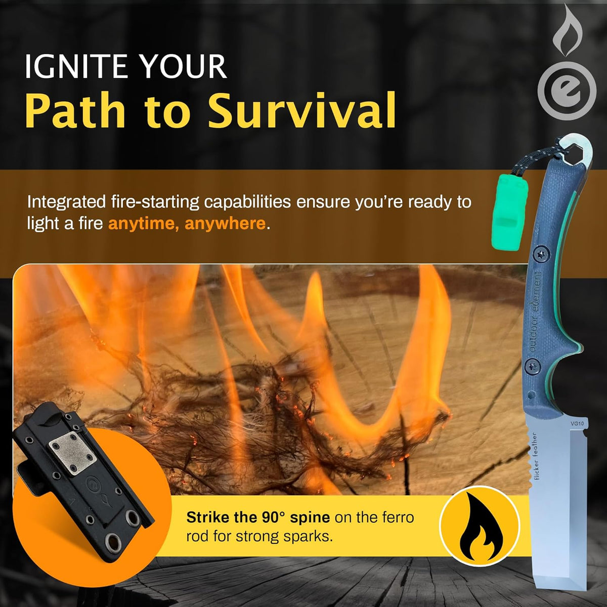 OUTDOOR ELEMENT Flicker Feather Knife Wise Owl GLOW - Right-Handed Survival Chisel Blade for Camping, Hunting, Culinary Knives & Bushcraft - Fixed Blade with Sheath, Firestarter and Emergency Whistle