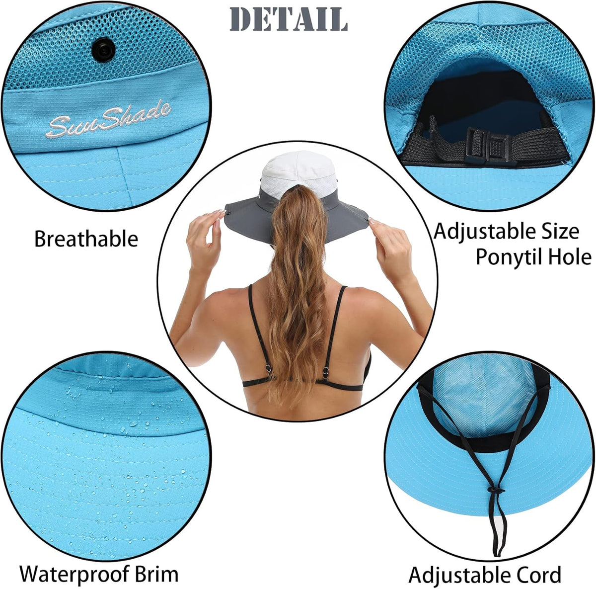 Womens Summer Sun Hat Beach Hat Wide Brim Outdoor UV Protection Hat Foldable Cool Mesh Ponytail Bucket Hat