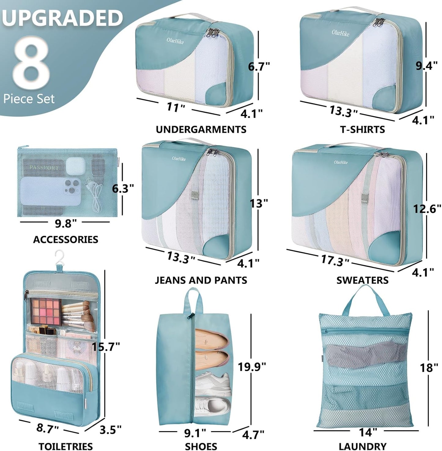 8 Set Packing Cubes for Travel, Gifts for Women Mom,Anti-Tearing Suitcase Organizer for Luggage with Shoe & Hanging Toiletry Bag,OlarHike Vacation Essentials & Accessories for Cruise Ship, Blue Gray