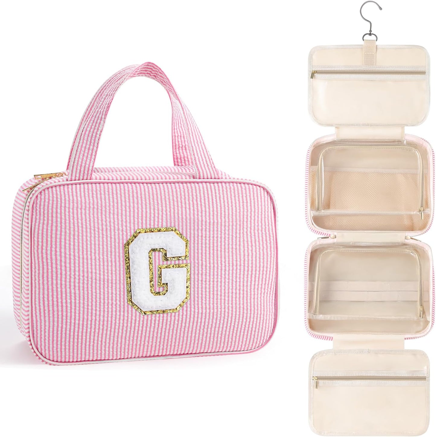 TOPEAST 2025 Graduation Gifts for Her - Hanging Toiletry Bag for Women, Travel Toiletry Bag Makeup Bag, Personalized Travel Essentials for Women - Letter G, Pink