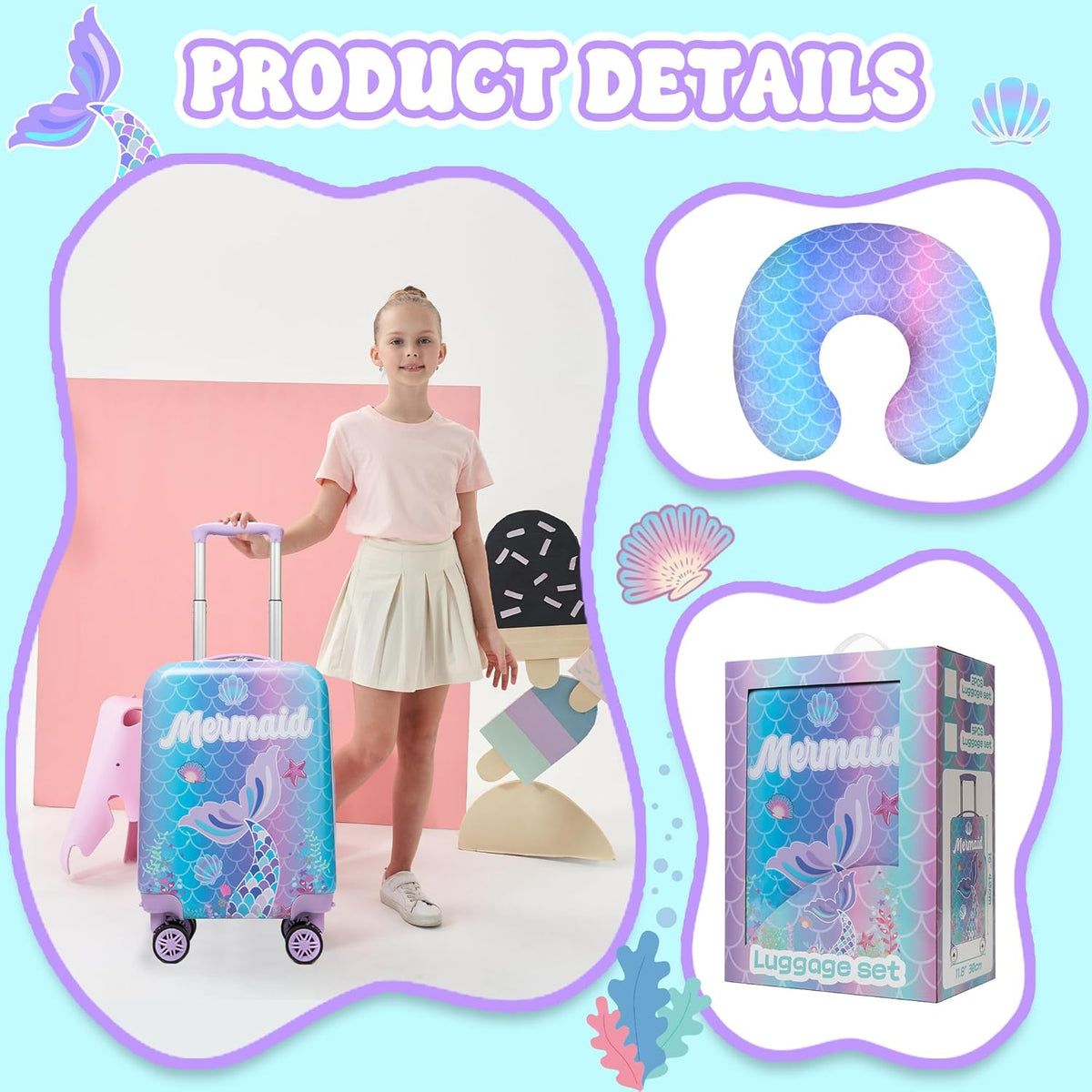 Cute Mermaid Kid’s Luggage Set 5 Piece Suitcase Set 16’’ Hardside Luggage with Spinner Wheels Girls Carry on Toddler Luggage Travel Rolling Suitcase Airline Approved