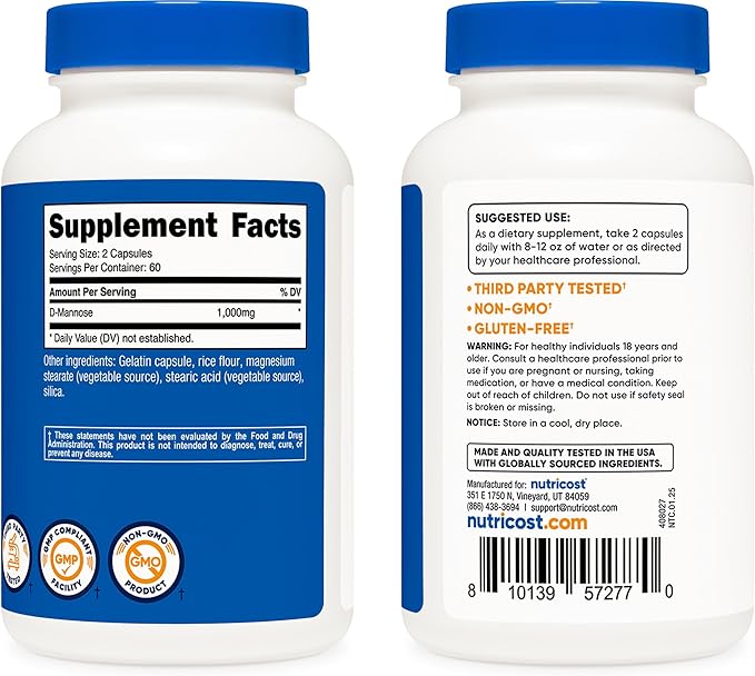 Nutricost D-Mannose 1000mg Per Serving, 120 Capsules - 500mg Per Capsule, Urinary Tract Health, Non-GMO and Gluten Free