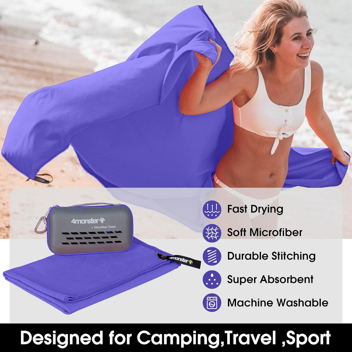 4Monster Camping Towels Super Absorbent, Fast Drying Microfiber Travel Towel, Quick Dry Ultra Soft Compact Gym Towel for Swimming Beach Hiking Yoga Travel Sports Backpack (59.00" x 30.00", Purple)