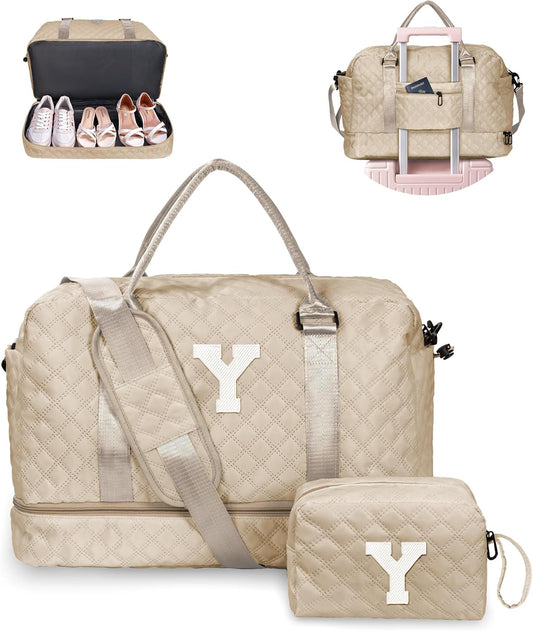 Women Group Gift Ideas, Gifts for Women-Kids Travel Bags with Shoe Compartment, Personalized Weekender Bag, Monogram Overnight Bag for Women, Letter Travel Bag with Makeup Bag (Letter Y)