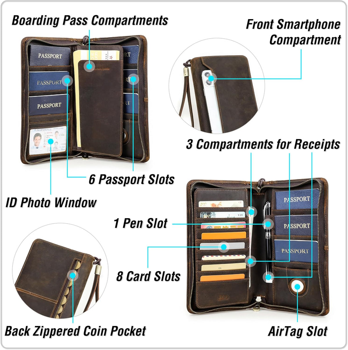 Top Grain Leather Travel Passport Wallet Organizer Case for Families, Handmade for 6 Passports & Multi Cards, RFID Blocking Large Capacity for Cards/Passports/Tickets/AirTag, Matte Coffee