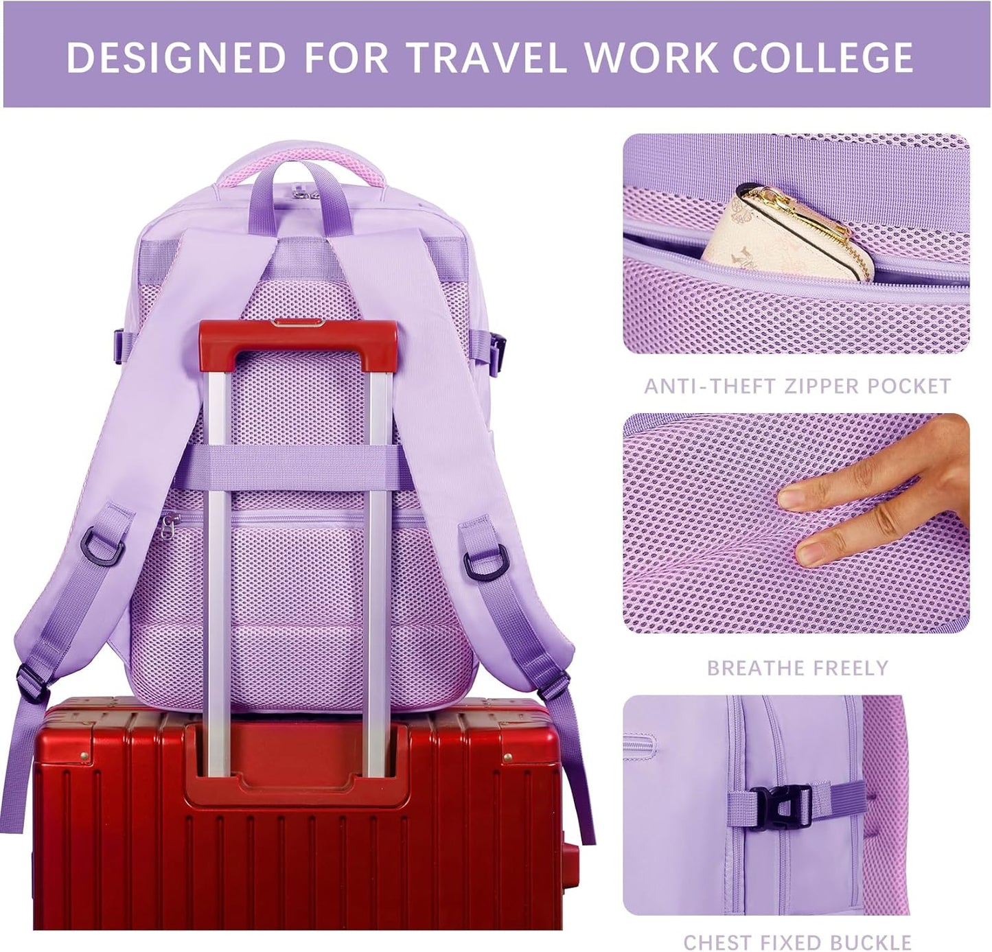 SHRRADOO Travel Laptops Backpack for Women Men, Casual Work Bag 17inch High School College Backpack Airline Approved Backpack for Hiking Business (Light Purple)