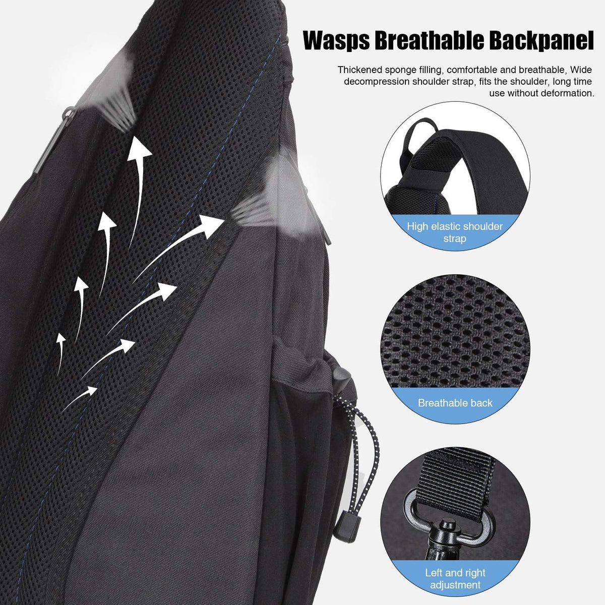 mixi Sling Bag Men Backpack Unisex One Shoulder Bag Hiking Travel Backpack Crossbody with USB Port for Men Women Versatile Casual Daypack-19 inch,Black