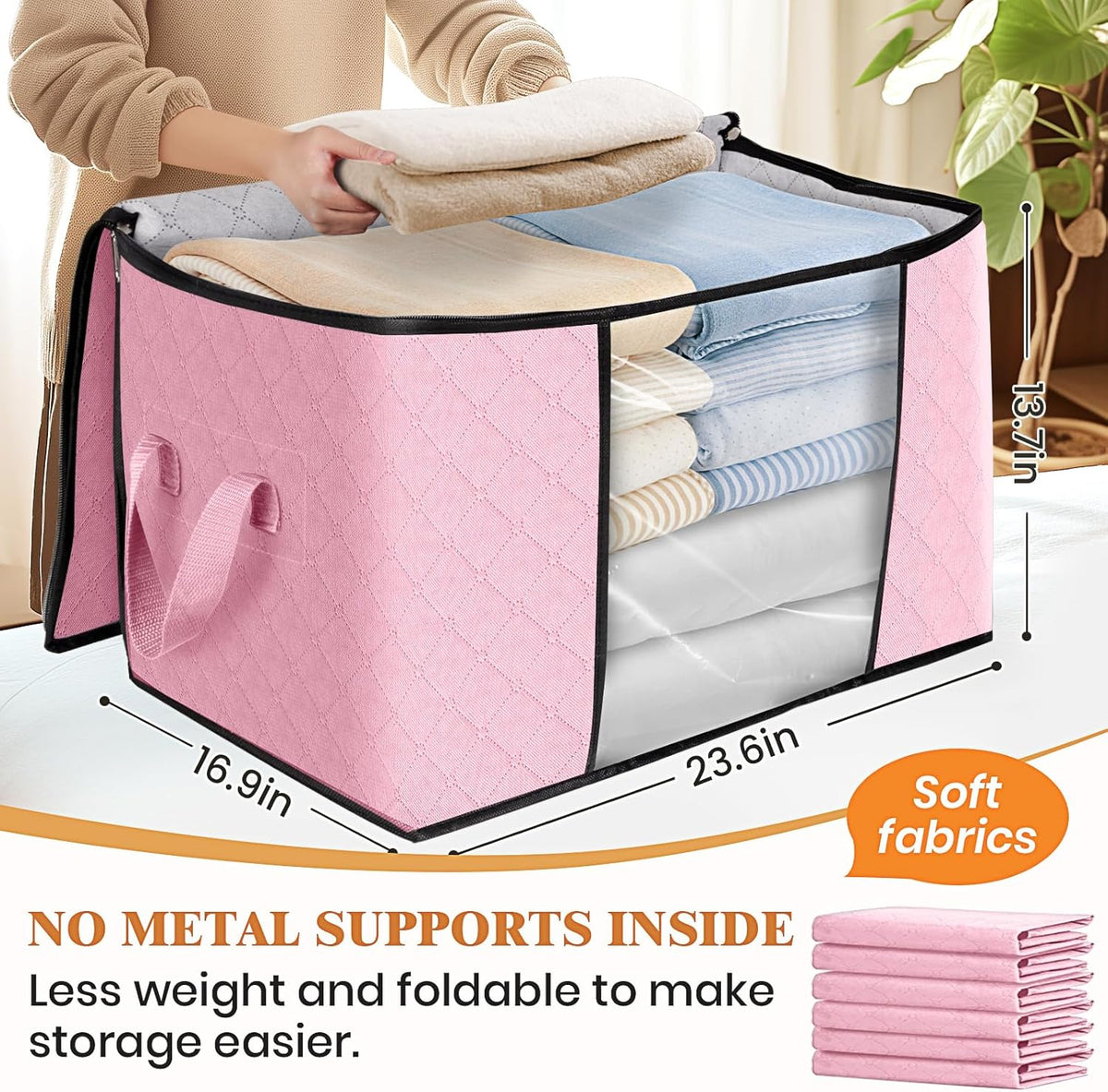 Fab totes 24 Gallons Clothes Storage, Foldable Thick Fabric Blanket Storage Bags, Containers for Organizing Bedroom, Closet, Clothing, Comforter, Organization with Handle (8 Pack,Pink)