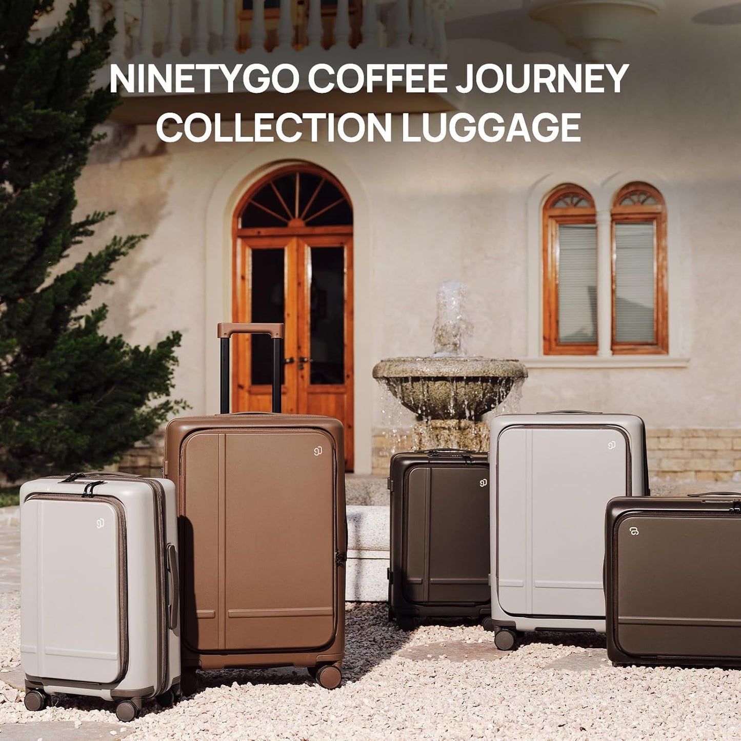NINETYGO Carry On Luggage 22x14x9 Airline Approved, 20 Inch Suitcase with Front Compartment & Cup Holder, Coffee-Infused PC Hard Shell, Eco-Friendly, TSA Lock, 360° Spinner Wheels (Latte)