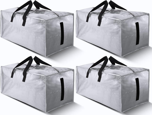 4 Pack Large Strong Bags with Zippers & Carrying Handles - Water-Resistant - Heavy Duty Storage Tote for Space Saving Storage, Fold Flat, Alternative to Moving Box (Silver)