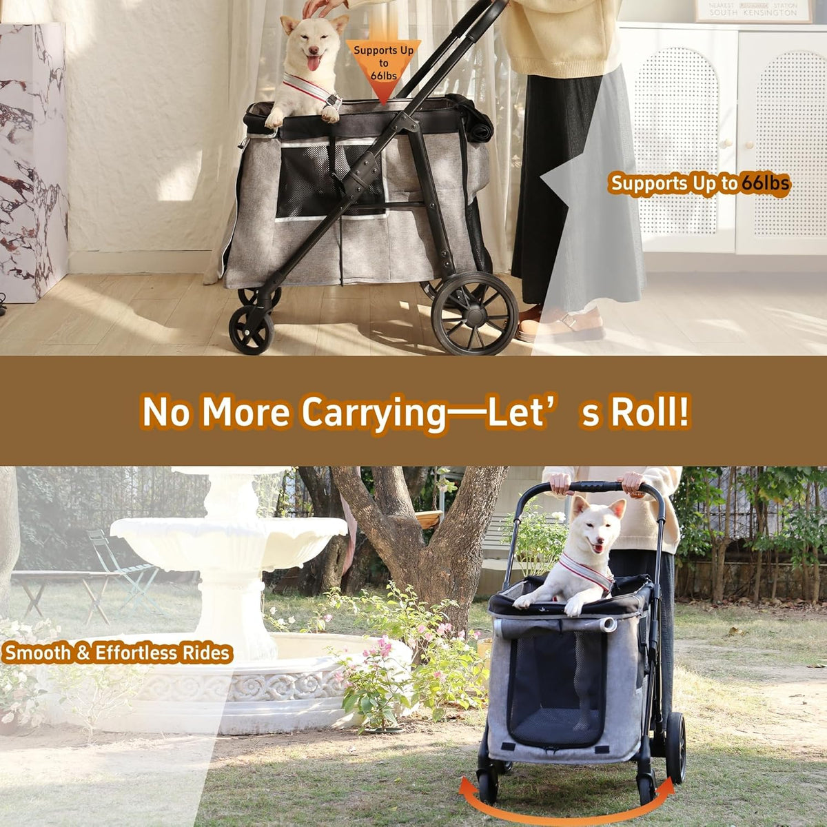 Medium Dog Stroller for Small to Large Dogs 4 Wheels Multi Pet Stroller for 4 Dogs Holds Up to 66lbs, One-Click Folding&Smooth Tires&Sunshade & Storage Basket (Gray, Medium)