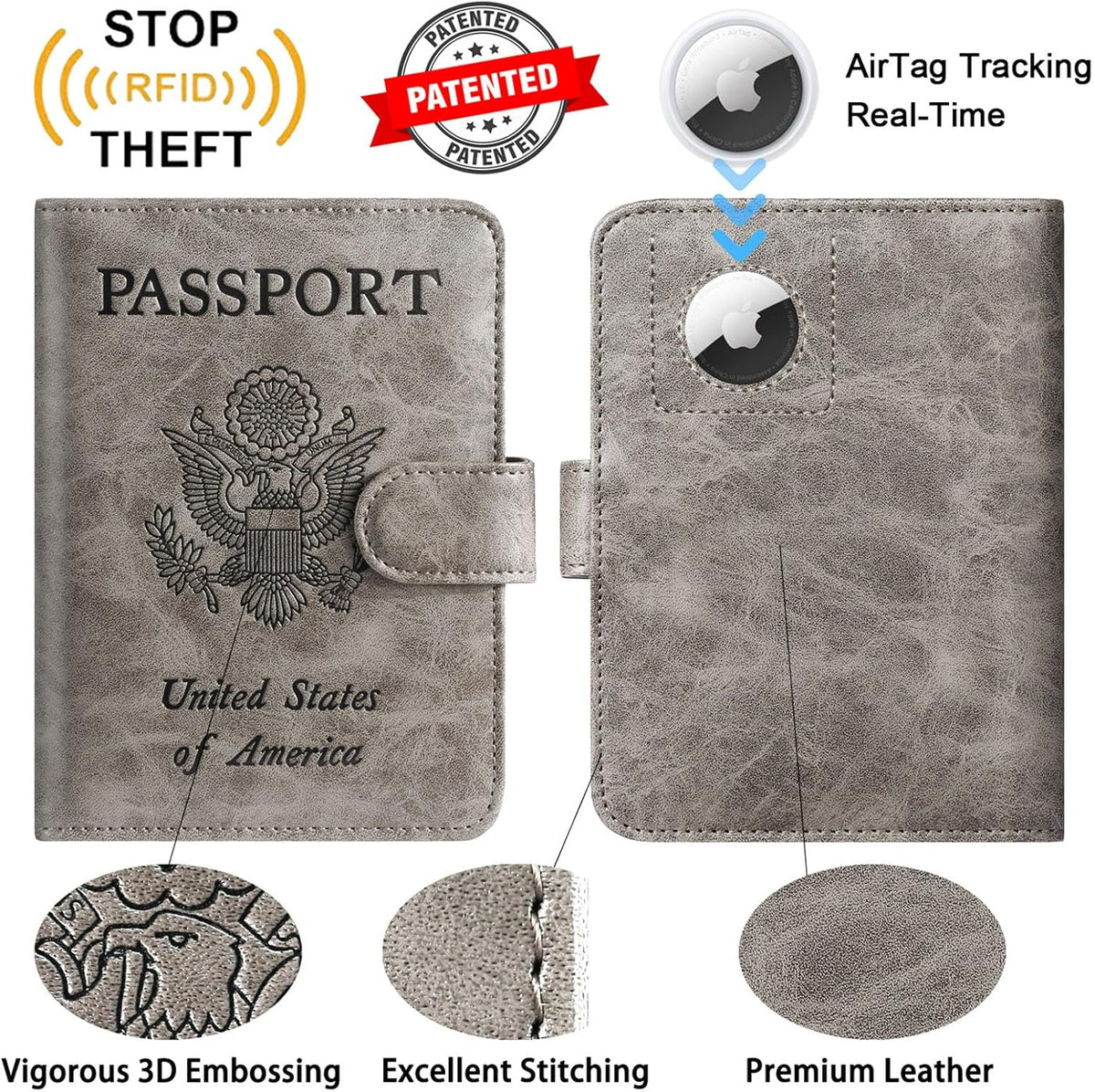 Airtag Passport Holder Cover Wallet RFID Blocking Leather Case Travel Essentials Luggage Accessories Travel Must Have(118#Grey)