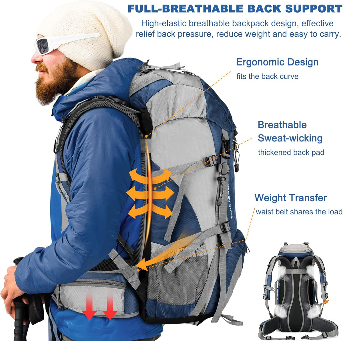 Loowoko 50L Hiking Backpack, Waterproof Camping Essentials Bag with Rain Cover, 45+5 Liter Lightweight Backpacking Back Pack