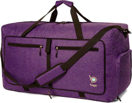 Bago Foldable Duffel Bags for Traveling Women & Men - 60L Medium Packable Duffle Bag for Travel with Shoe Compartment - Water Repellant, Heavy Duty, Lightweight Folding & Collapsible (SnowDepPurple)