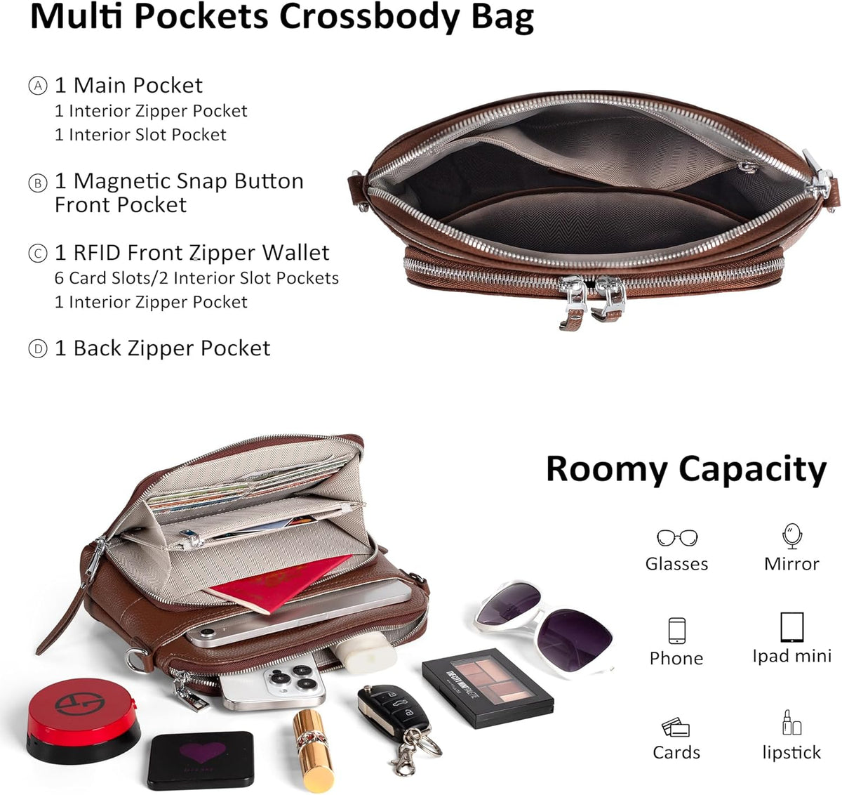 befen Genuine Leather Crossbody Purses for Women, Women's Small Crossbody Shoulder Bag with Built in RFID Wallet