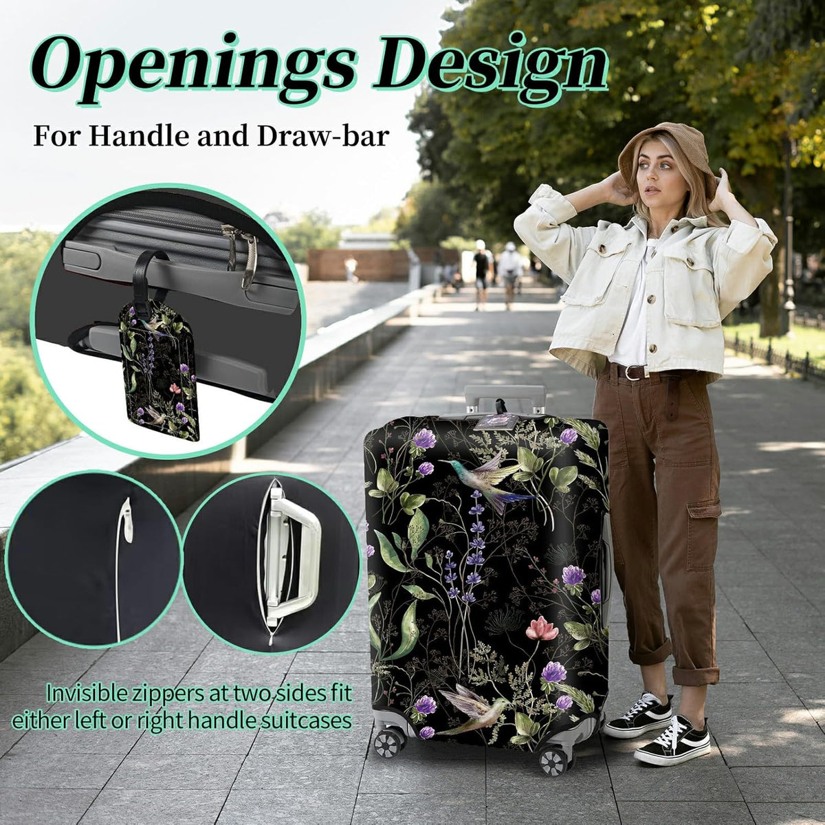 Suitcase Protector Plus 1 Luggage Tag, Wild Flowers Hummingbird Travel Suitcase Cover for 28 inch Luggage with Concealed Zipper Washable Elastic Cloth Dustproof Anti-Scratch