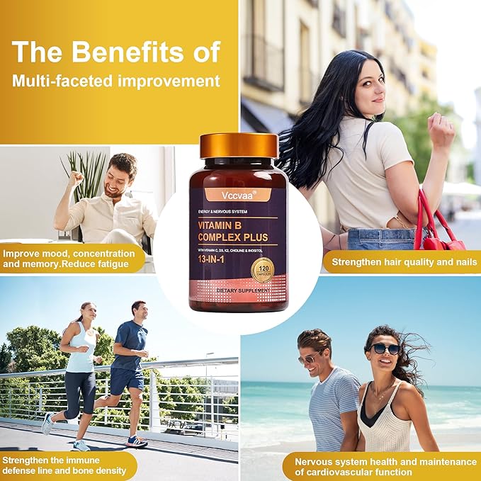 13-in-1 Vitamin B Complex Plus with Biotin, Inositol, Folate, B12, C, D3, K2 – Energy, Nerve & Immune Support for Men & Women – Vegan, Non-GMO, 120 Capsules