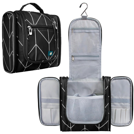 PAVILIA Toiletry Bag Travel Bag for Women Men, Hanging Cosmetic Organizer, Water Resistant Makeup Bag for Accessories Toiletries, Large Travel Essentials Kit (Black Chevron)