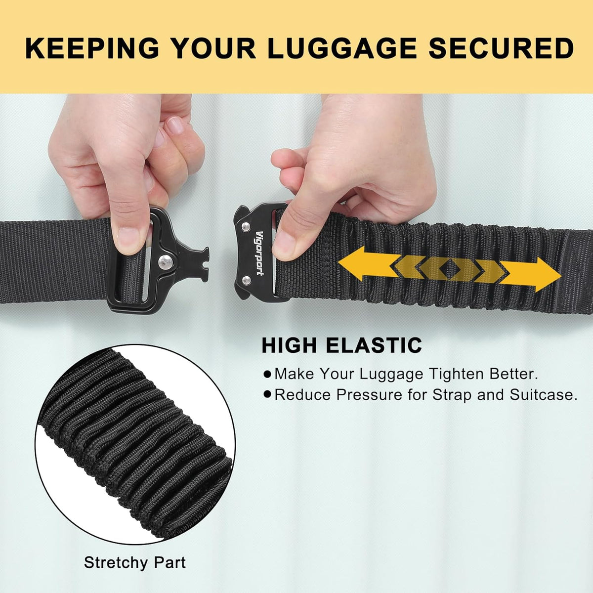 Vigorport Luggage Straps for Suitcases TSA Approved Suitcase Belt, Heavy Duty Metal Buckle Luggage Belt Strap, Stretchable Travel Strap for Luggage 72" Long (2PK)