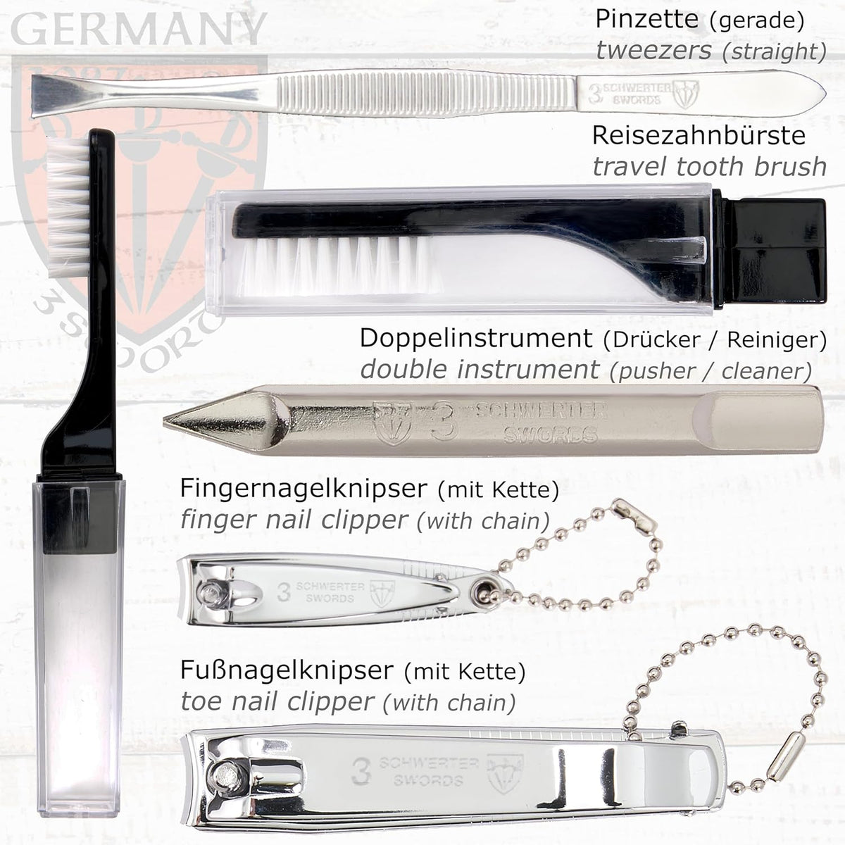3 Swords Germany – brand quality 10 piece manicure pedicure grooming kit set for professional finger & toe nail care tweezers file clipper fashion leather case in gift box, Made by 3 Swords (7797)