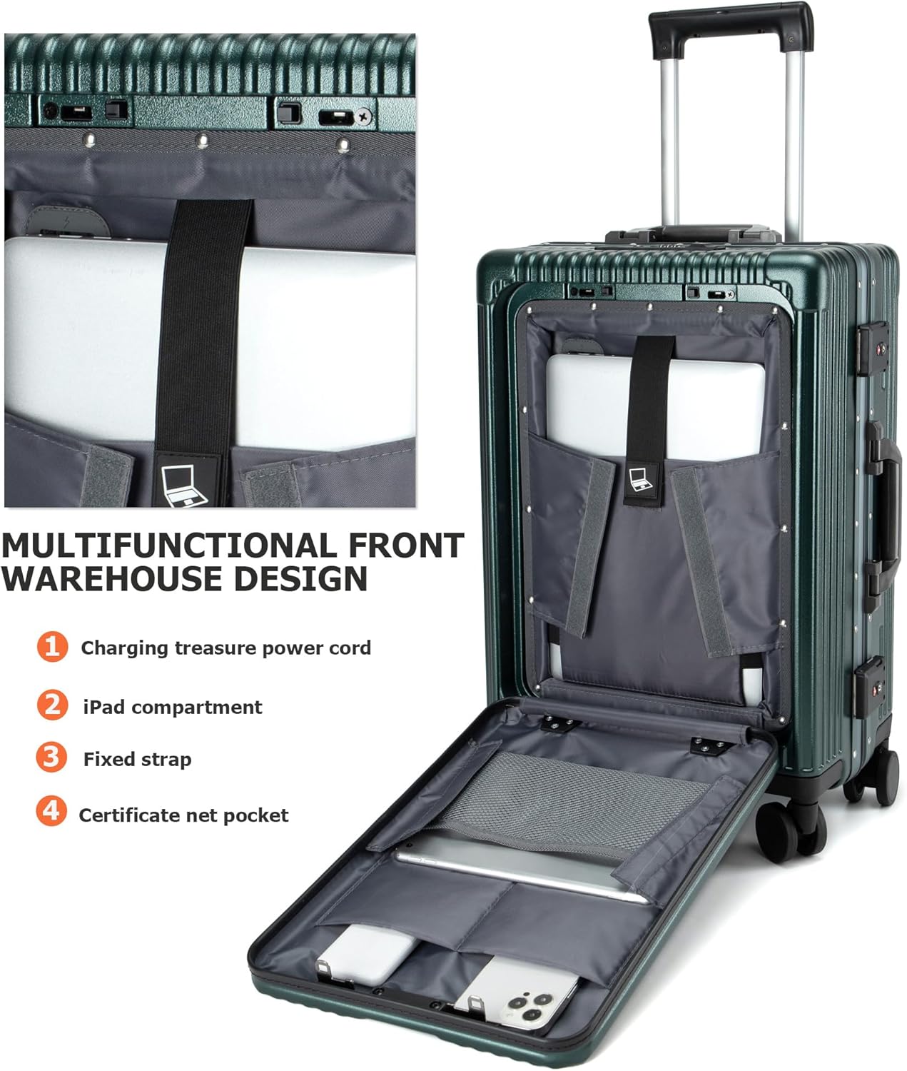feilario 20in Aluminium Frame PC Hard Shell Spinner Wheels Luggage, Built-In TSA lock Carry on Suitcase, with Cup Holder, USB Port, Phone Holder