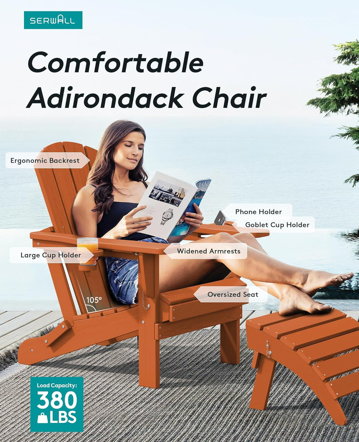 SERWALL Adirondack Chair with Cup Holders - Composite Adirondack Chairs Set of 8 HDPE Outdoor Chairs All Weather Use- Orange