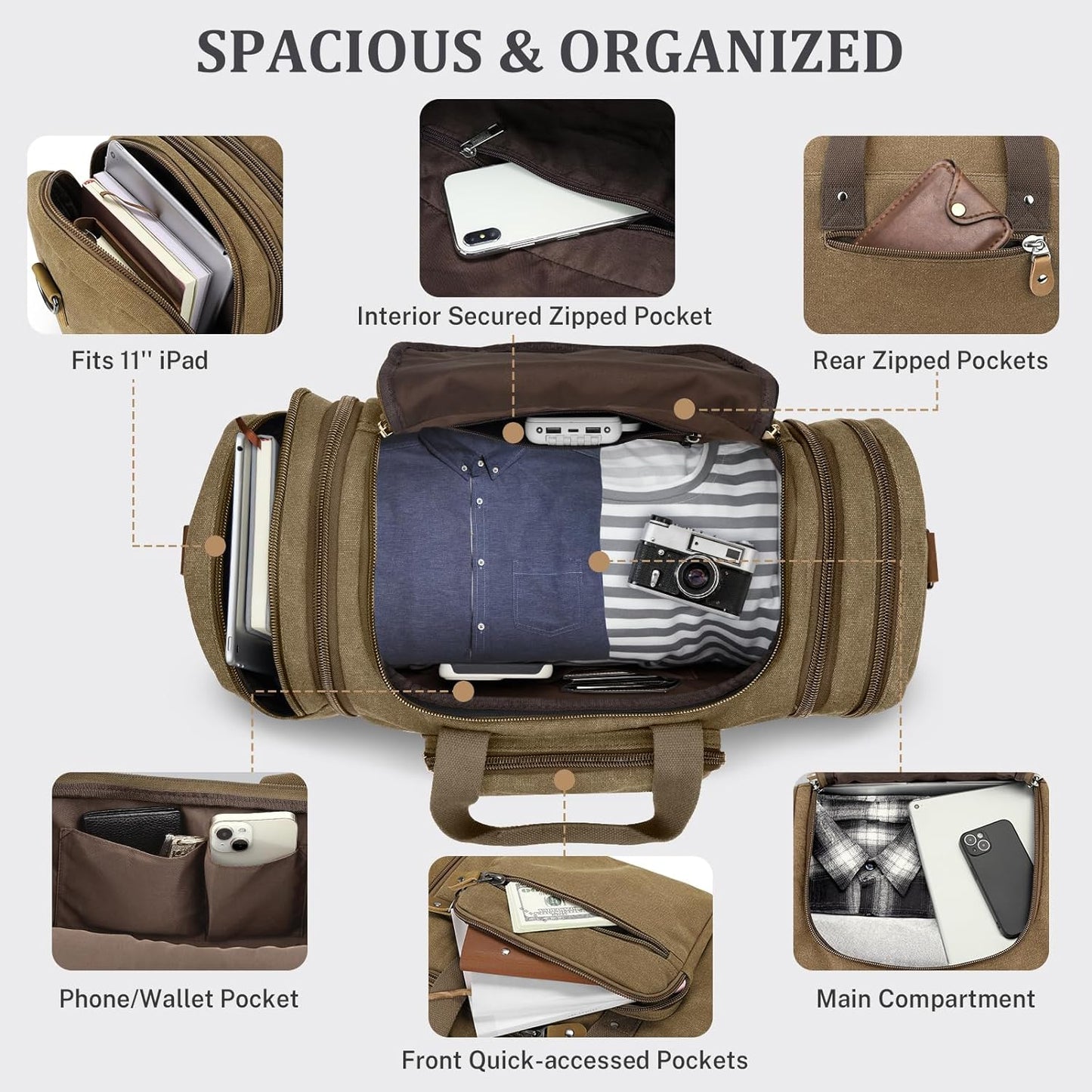 Gonex Canvas Duffle Bag for Travel 60L Duffel Overnight Weekend Bag(Coffee)
