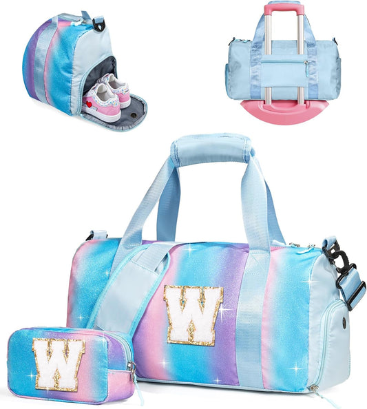 Christmas Gifts for Girls-Girl Gym Bag with Shoe Compartment, Kid Personalized Weekender Overnight Bags, Initial Travel Tote with Makeup Pouch, Gift Ideas for Niece Sister (Letter W)