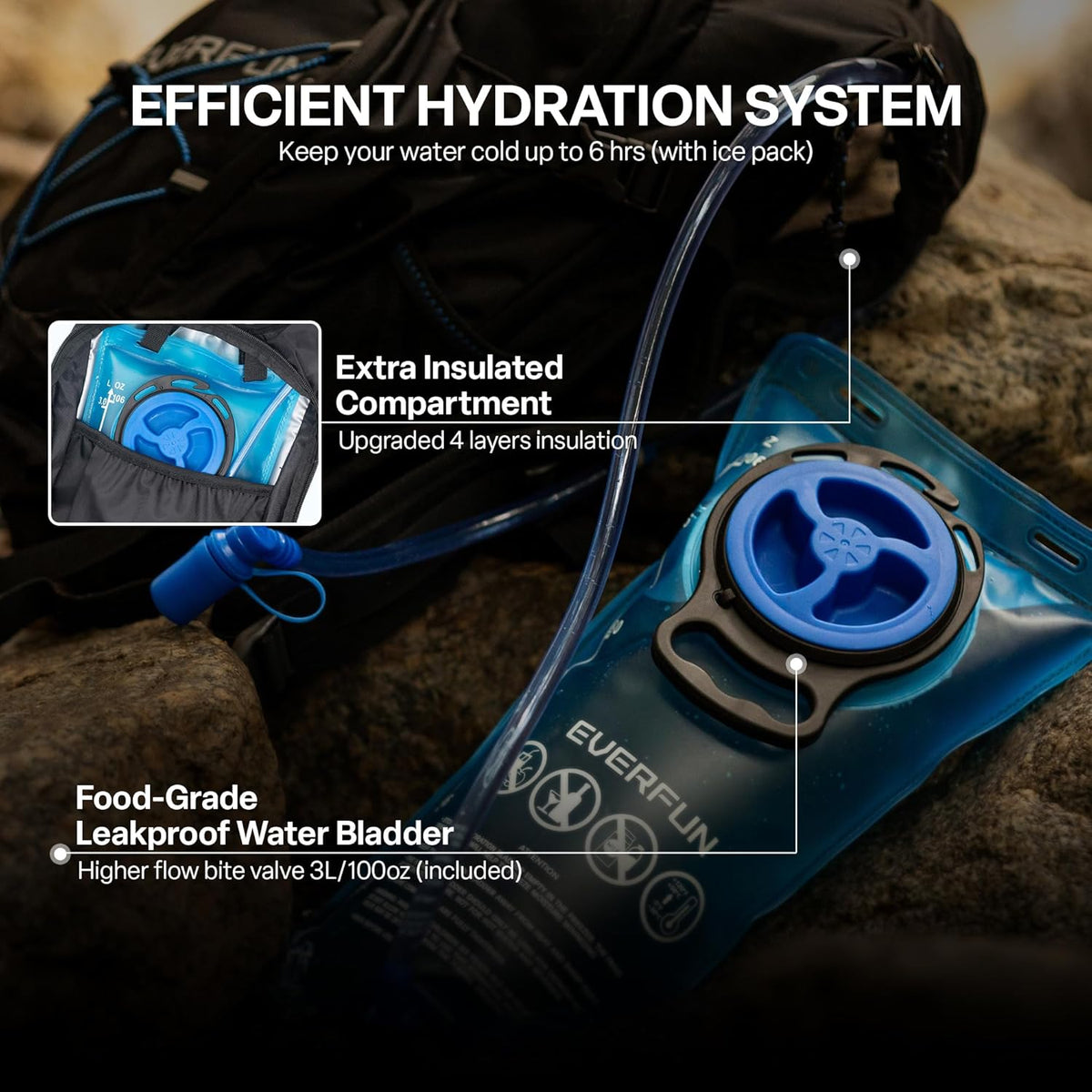 Everfun Hydration Backpack 18L with Water Bladder 2L/3L Hiking Water Backpack Women Men Hydration Pack Insulated Lightweight Day Hydropack with Storage for Hiking, Biking, Running, Festival
