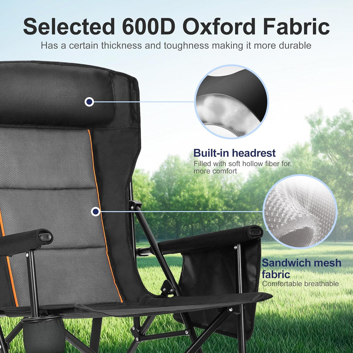 LET'S CAMP Oversized Camping Chairs 29.52" High Back Heavy Duty Lawn Chair Support 500LBS, Portable Collapsible Chair with Cup Holder, Side Pocket(Black)