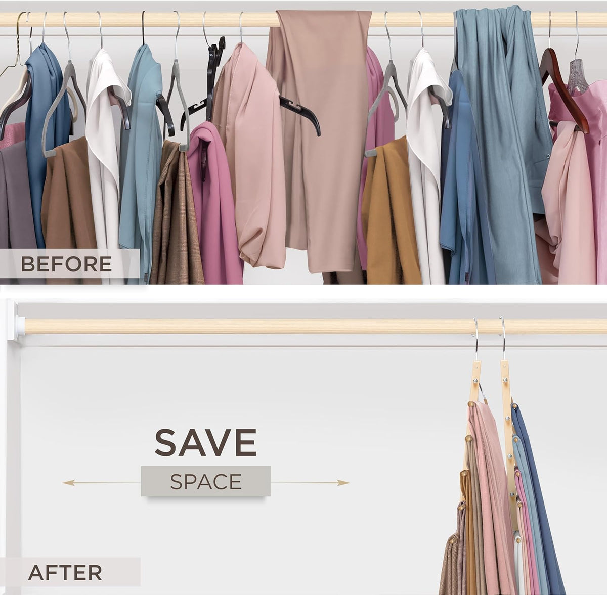 MORALVE Pants Hangers Space Saving - 2 Pack European Beechwood Scarf and Jean Hangers - Closet Organizer and Space Saver Pant Rack, Leggings Hanger, and Scarf Holder with 360° Swivel Hook