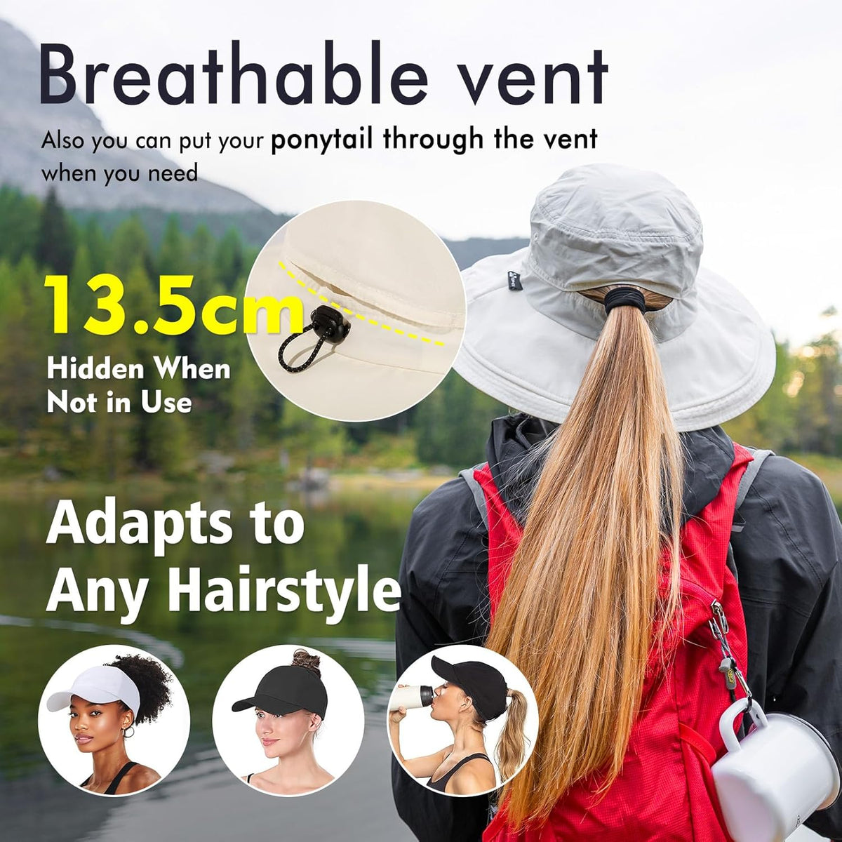 UV 50 Sun Hat for Women Wide Brim with Ponytail Hole Summer Packable Sunhat for Beach Fishing Hiking Gardening Waterproof