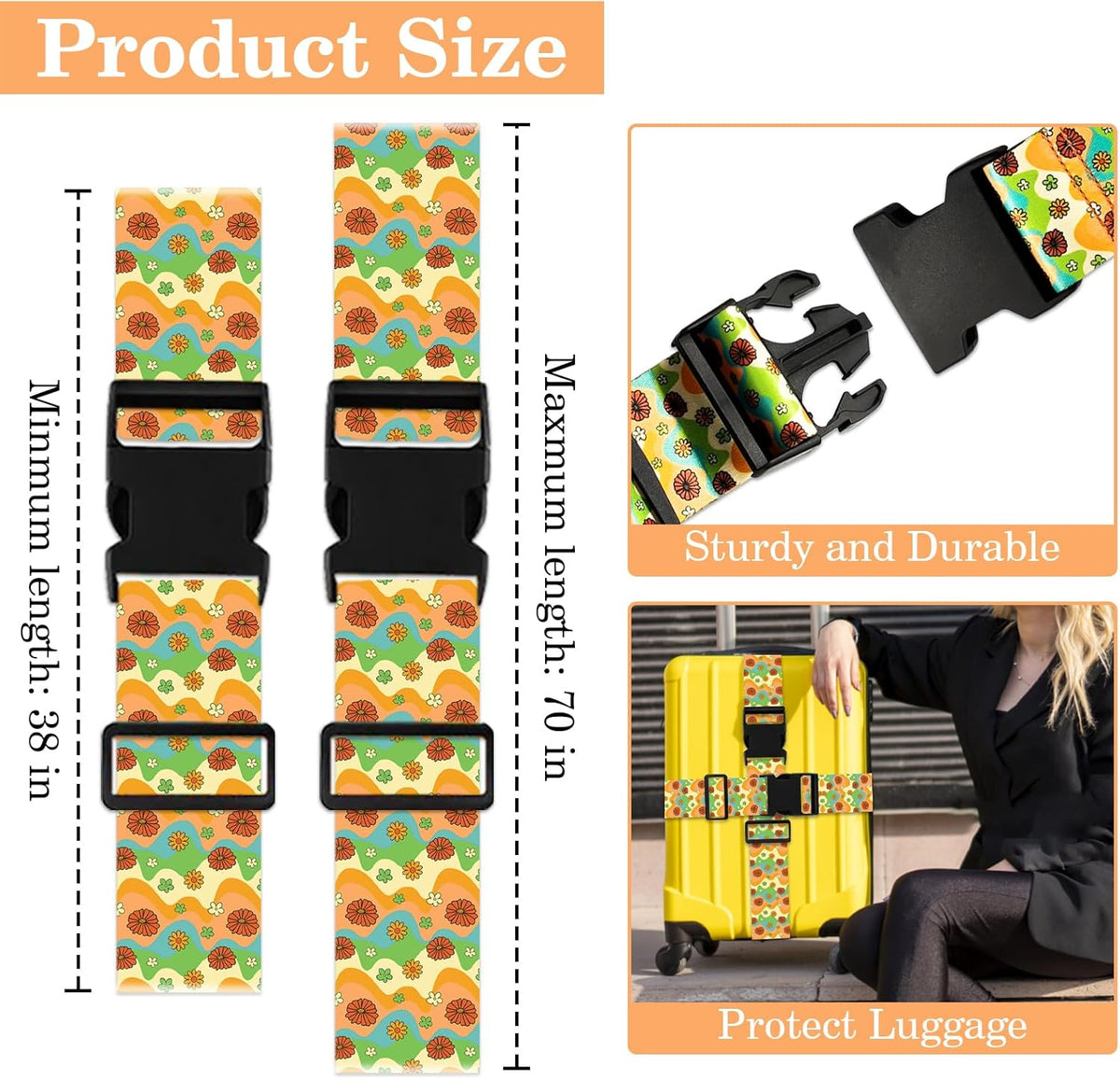 Luggage Straps for Suitcases TSA Approved, Luggage Identifiers for Suitcase, Adjustable Suitcase Strap for Baggage Security with Cute Patten, Travel Necessary Accessories (Rainbow Flower)