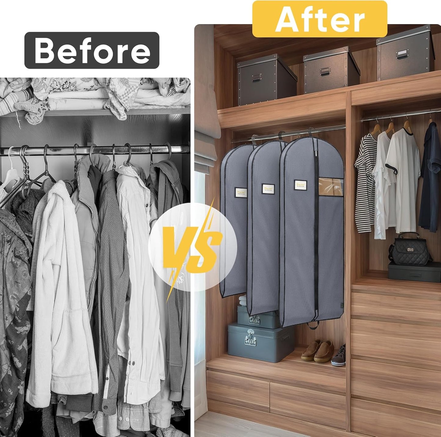 BALEINE 5PK Heavy Duty Garment Bag with Shoe Storage Travel Bag for Dresses, Suit, Coats Travel Essential (54", Grey)