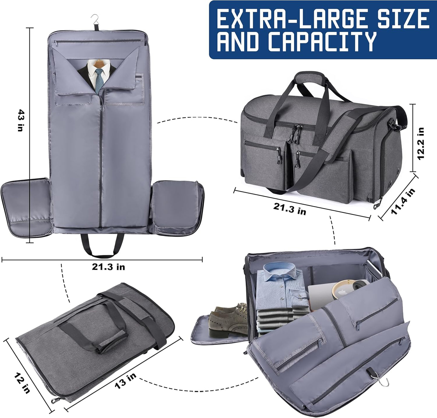 Convertible Duffle Bags for Travel Carry On Suit Duffle Bags with Shoulder Strap 2 in 1 Hanging Garment Duffle Bag for Men Women (Grey)