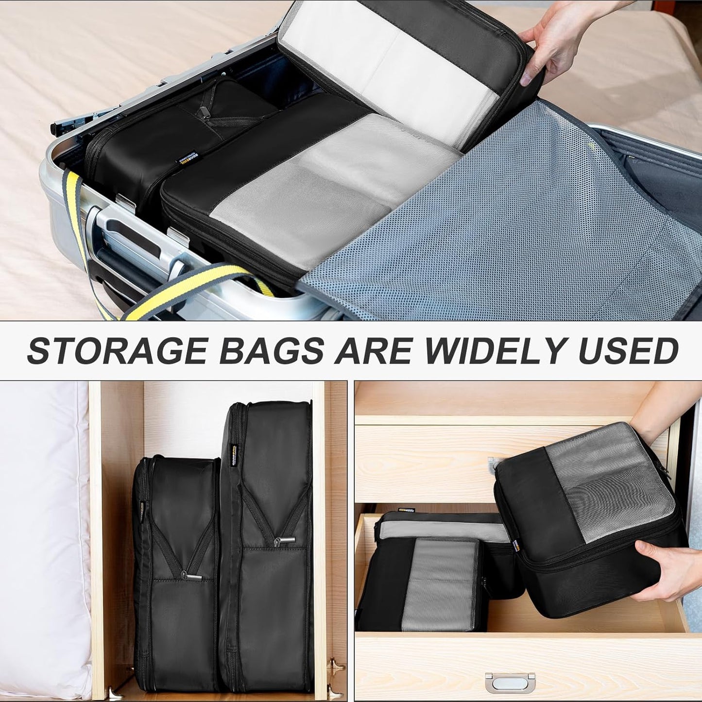 Compression Travel Packing Cubes, 6 Set Expandable Luggage Organizer Bags, Durable Travel Accessories for Suitcases, Backpacks, and Carry-Ons (Black)