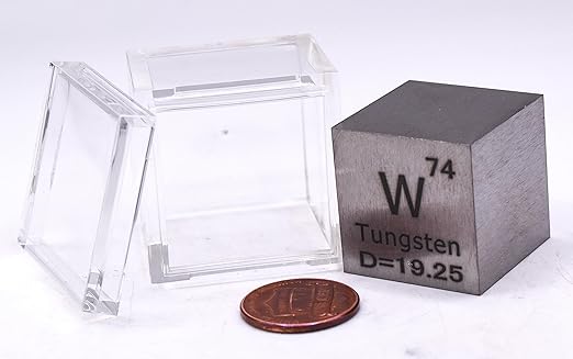 1" 25.4mm Tungsten Wolfram Metal Cube W up to 99.9% Pure Periodic Table Element Engraved Density Collection Science Education Display Block Cube + Acrylic Case Box - 1PC