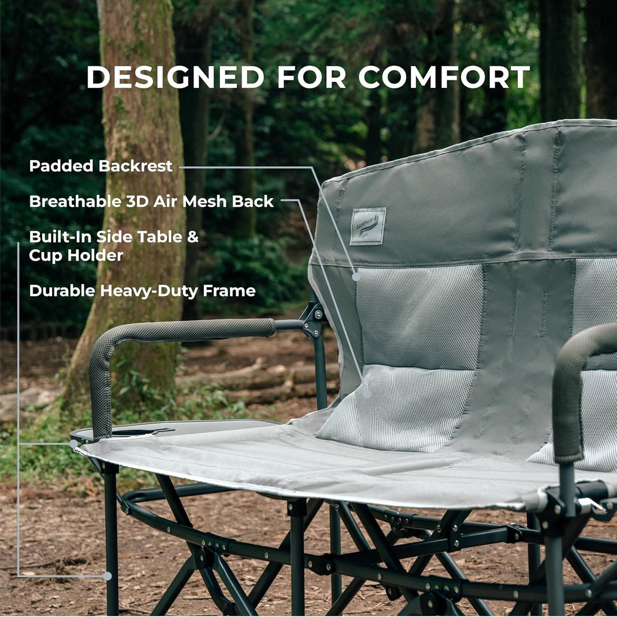 Oversized Double Portable Folding Director’s Loveseat Chair with Padded Backrest, Side Table | Outdoor Sports, Beach, Lawn, Hunting, Tailgating, Fishing| Supports 300 Lbs/Seat
