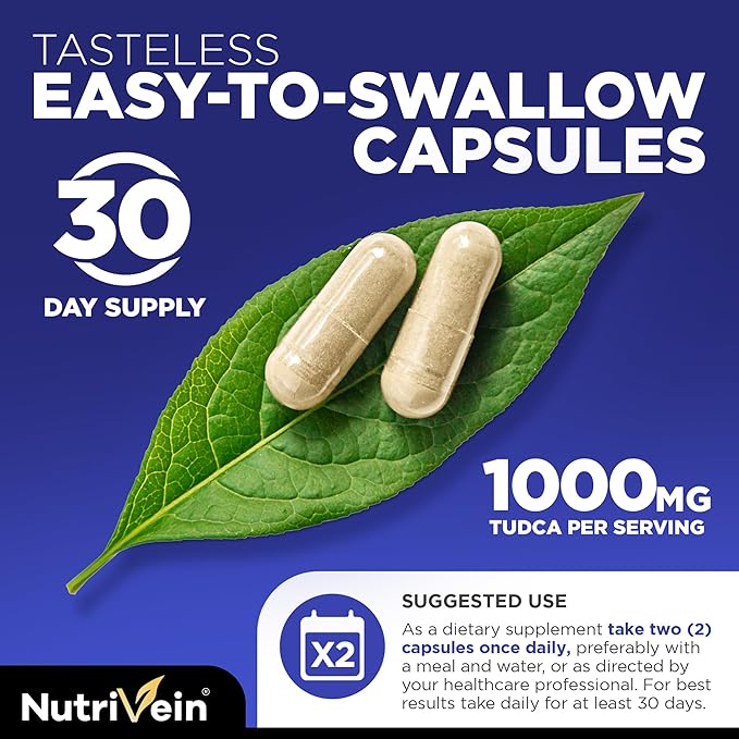 Nutrivein Premium TUDCA+ Liver Support Supplement 1000mg - 30 Day Supply (60 Caps): TUDCA Supplement Bile Salts for Liver Wellness